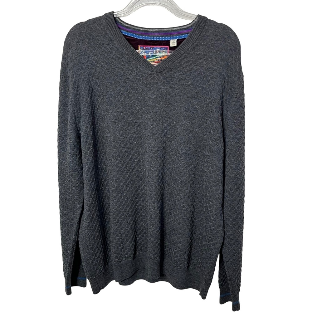 Robert Graham Sweater‎ Mens 2XL Charcoal Grey 100% Wool Textured V-Neck Classic